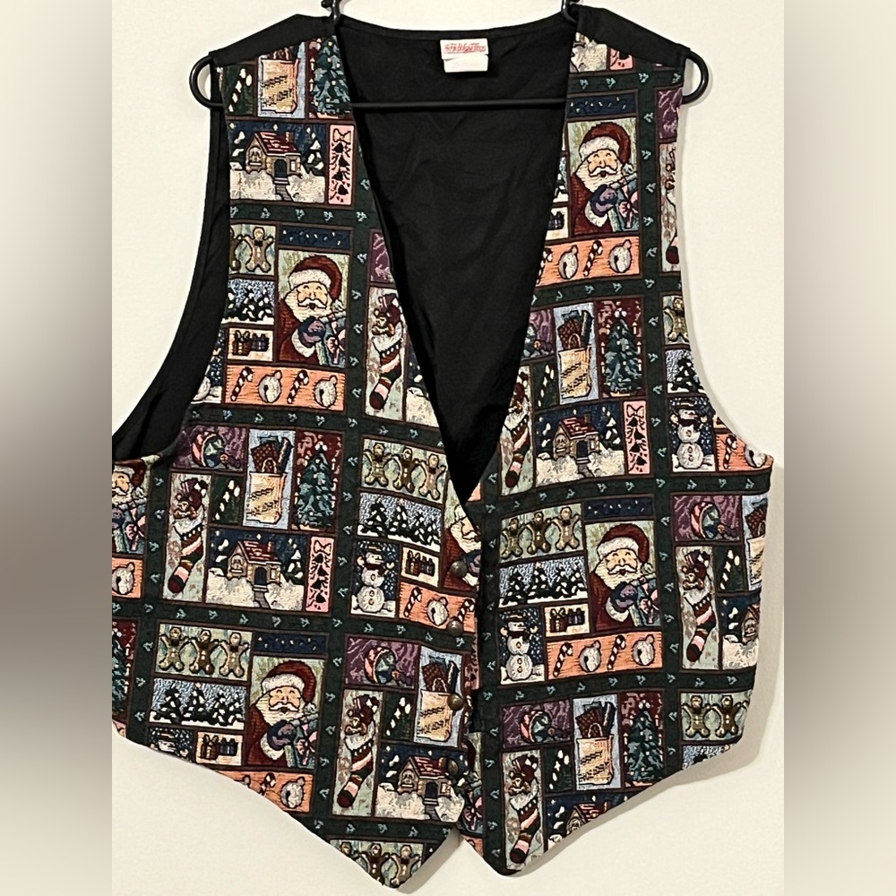 Vintage Christmas Tapestry Vest Large Santa Claus USA made ugly sweater attire
